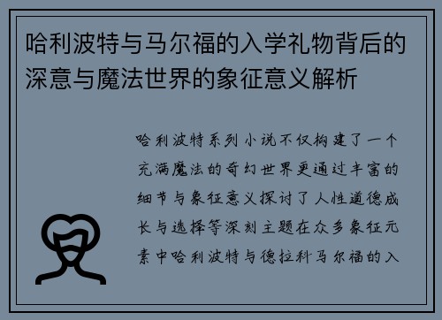 哈利波特与马尔福的入学礼物背后的深意与魔法世界的象征意义解析